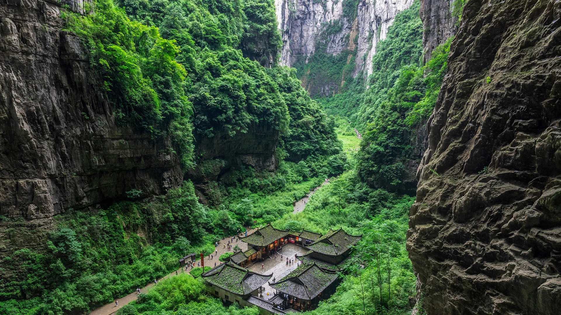 Panoramic view of Wulong Karst cliffs and lush valleys near Chongqing