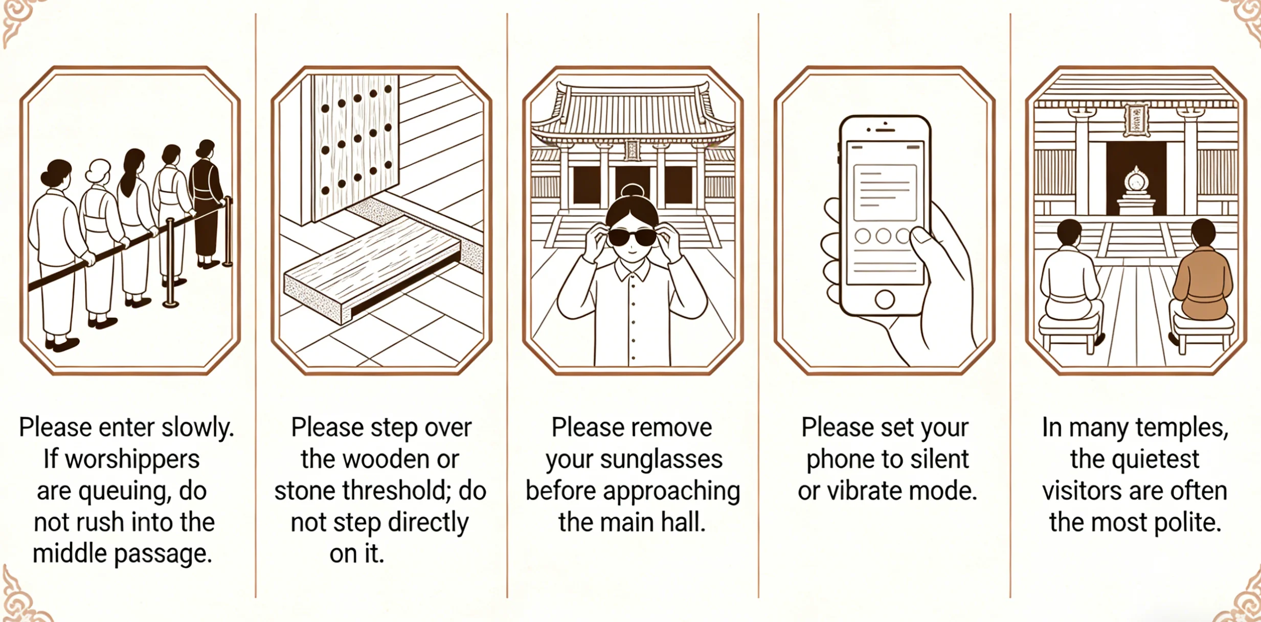 Chinese temple etiquette chart with incense rules, modest clothing, and respectful behavior tips