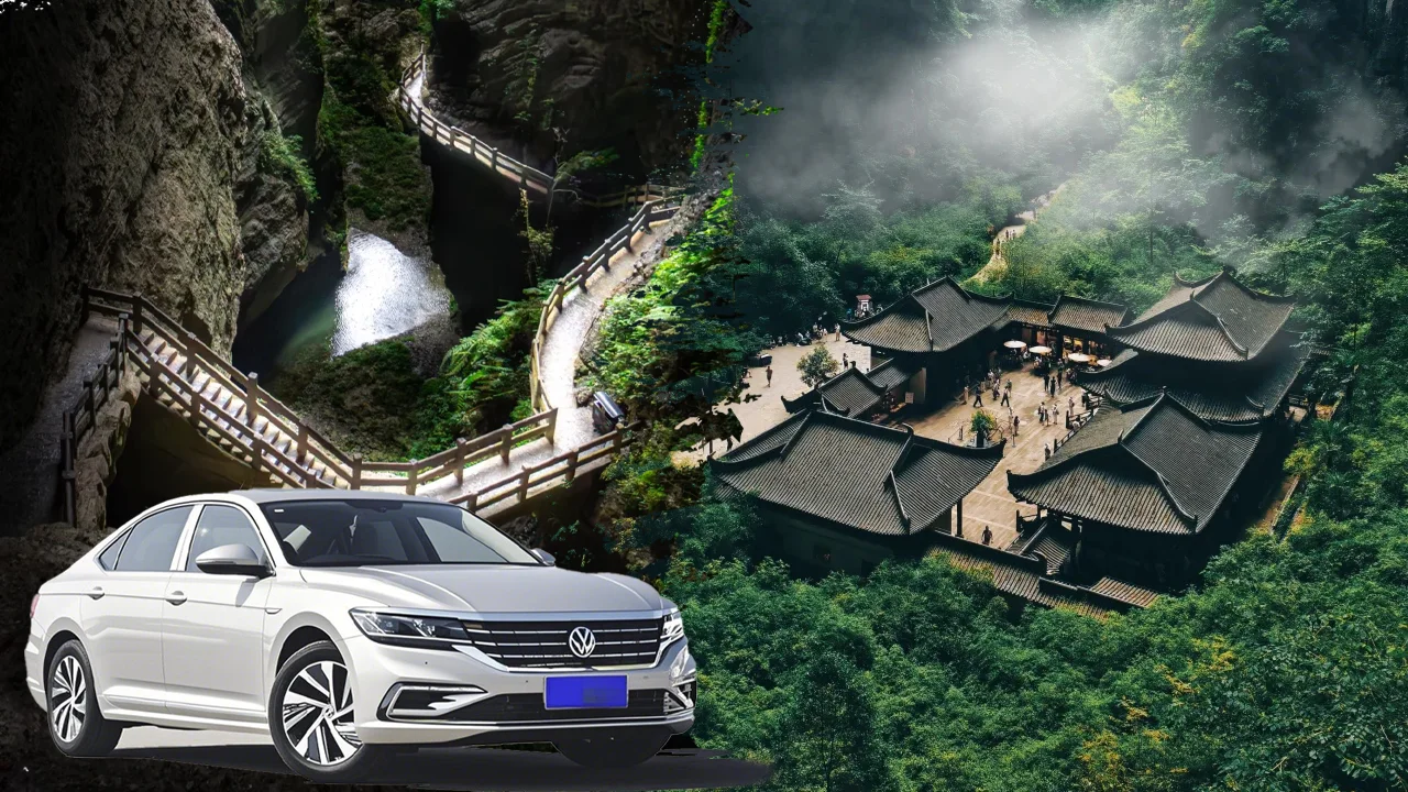 Private driver car picking up travelers at a Chongqing hotel for Wulong day trip