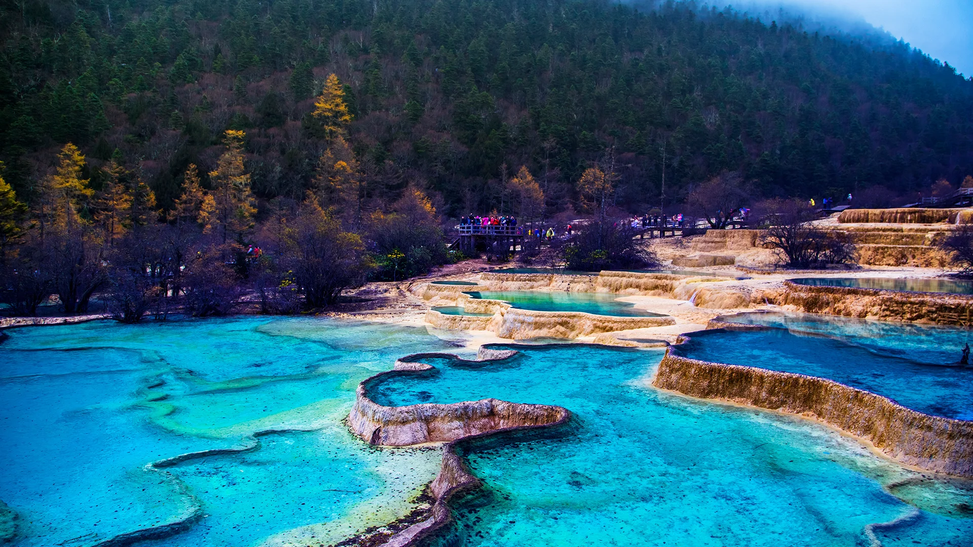 Huanglong Scenic Area travertine pools and alpine forest in Sichuan