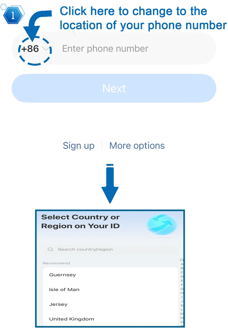Selecting country and region for mobile phone registration on Alipay