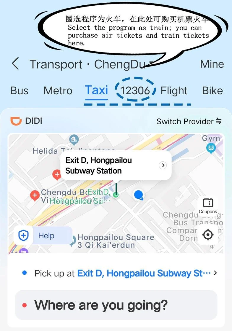 Booking a Didi ride or train tickets through the Alipay transport hub