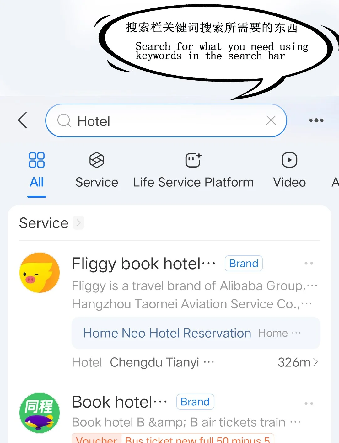 Searching for hotels and travel services using the Alipay search bar