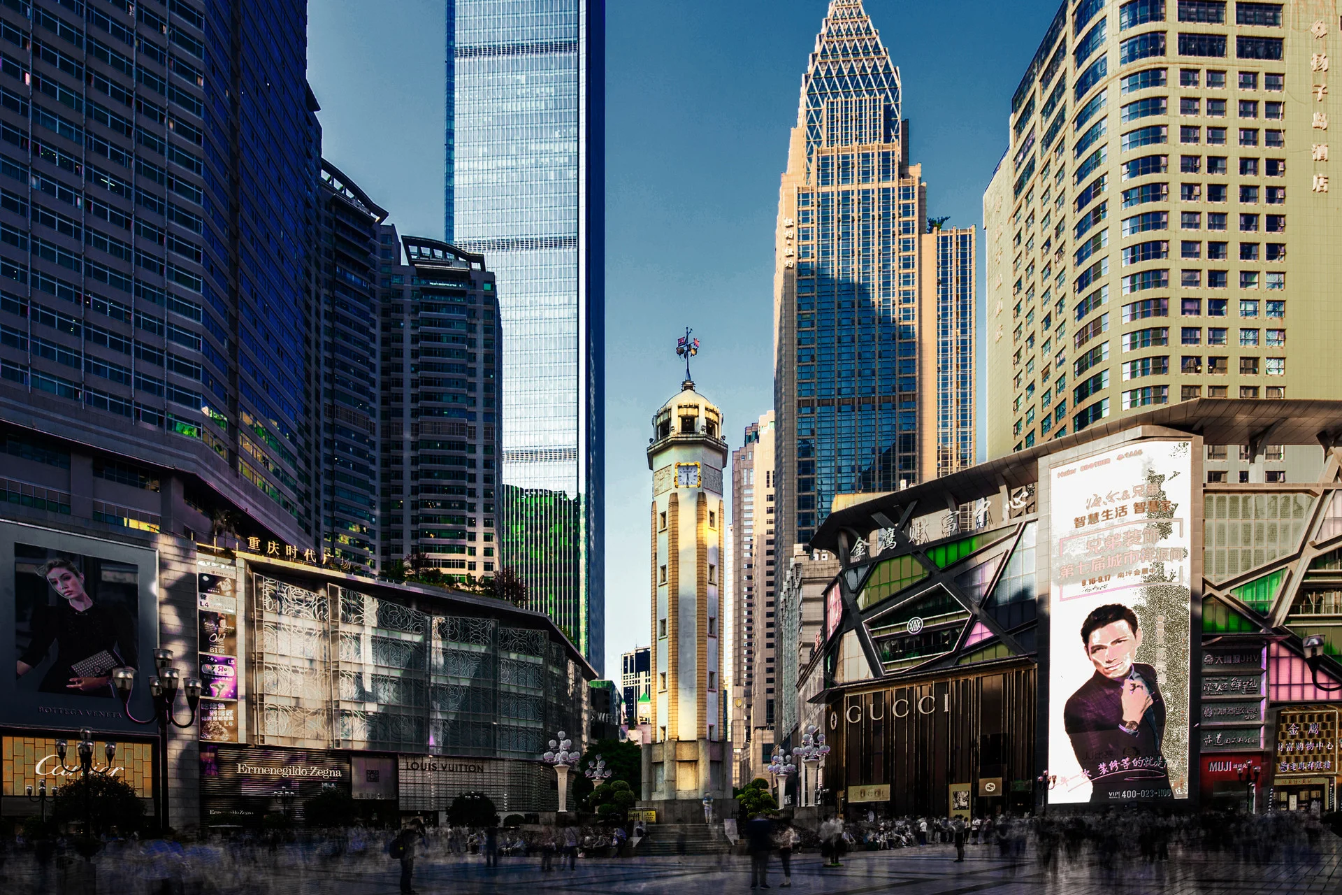 Night view of Hongya Cave lit above the Jialing River in Chongqing
