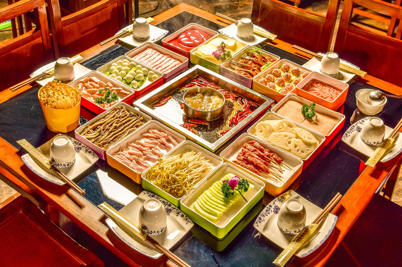 Mapo tofu and classic Chengdu Sichuan dishes on a restaurant table