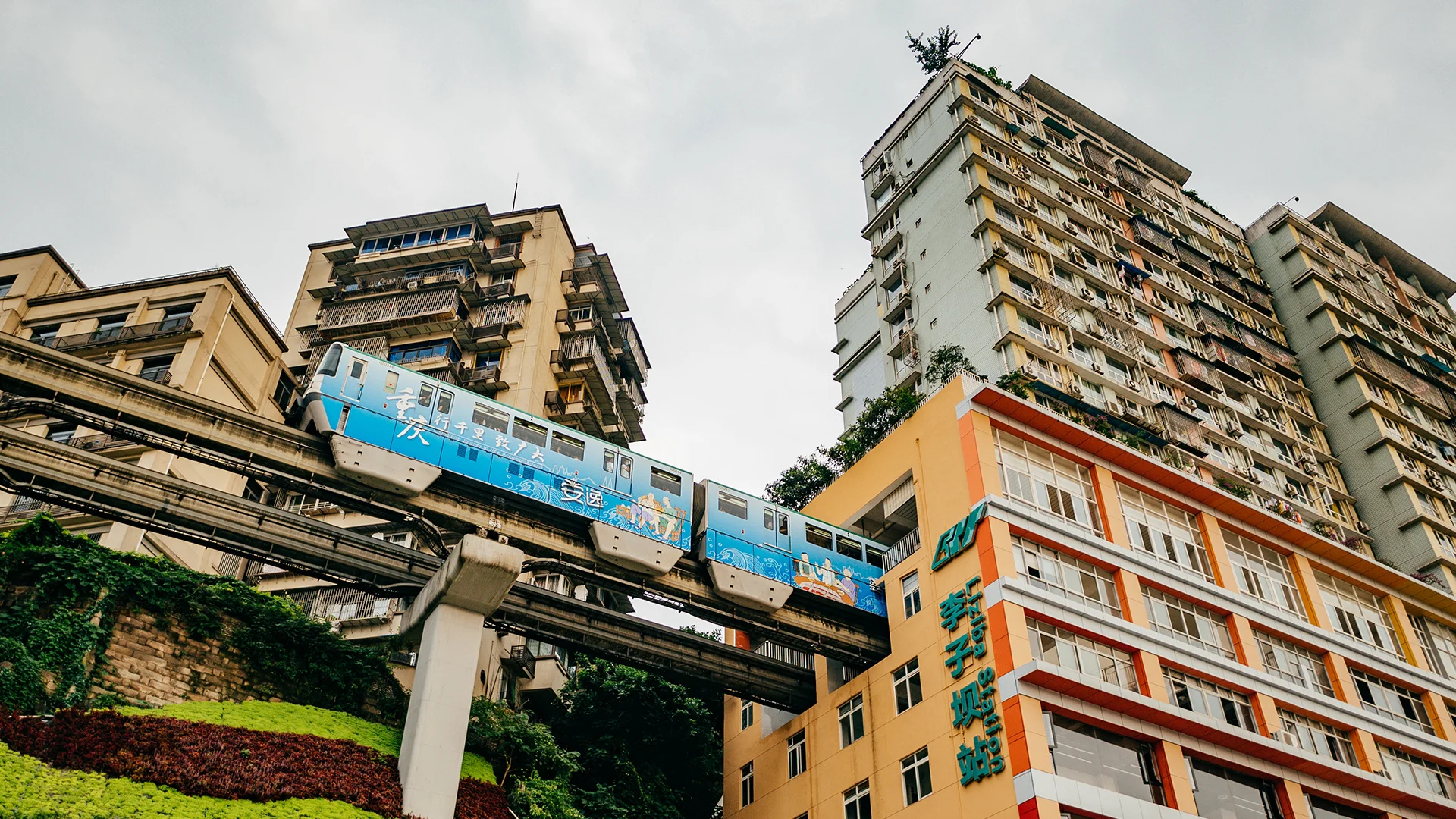 Riverside skyline in Chongqing with bridges and dense hillside buildings