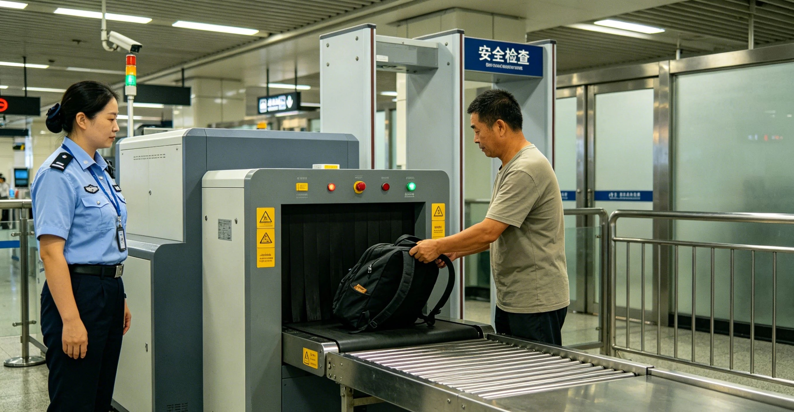 Traveler checking passport and mobile payment app in a Shanghai airport terminal