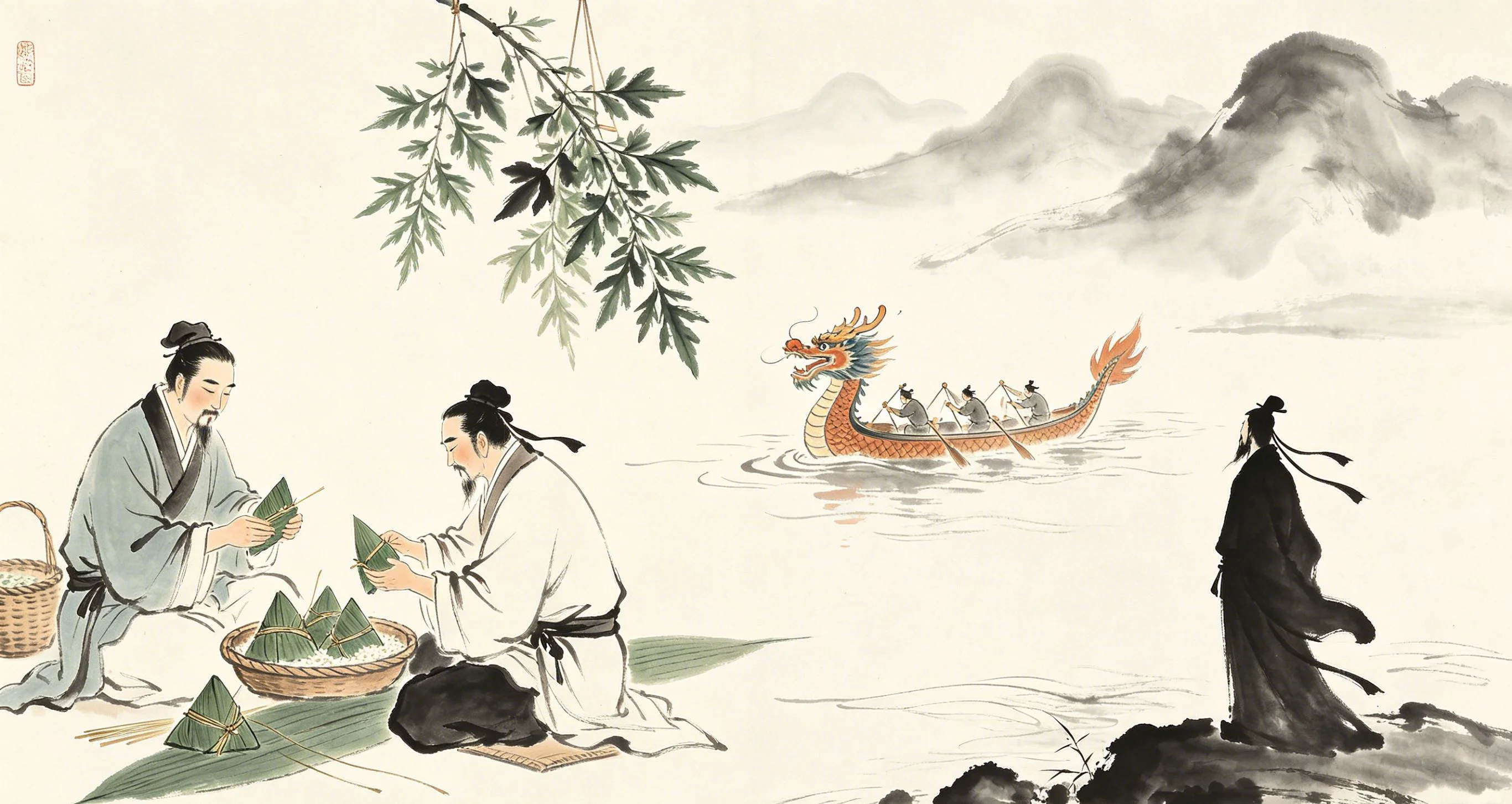 Dragon boat teams racing on a river during the Chinese Dragon Boat Festival