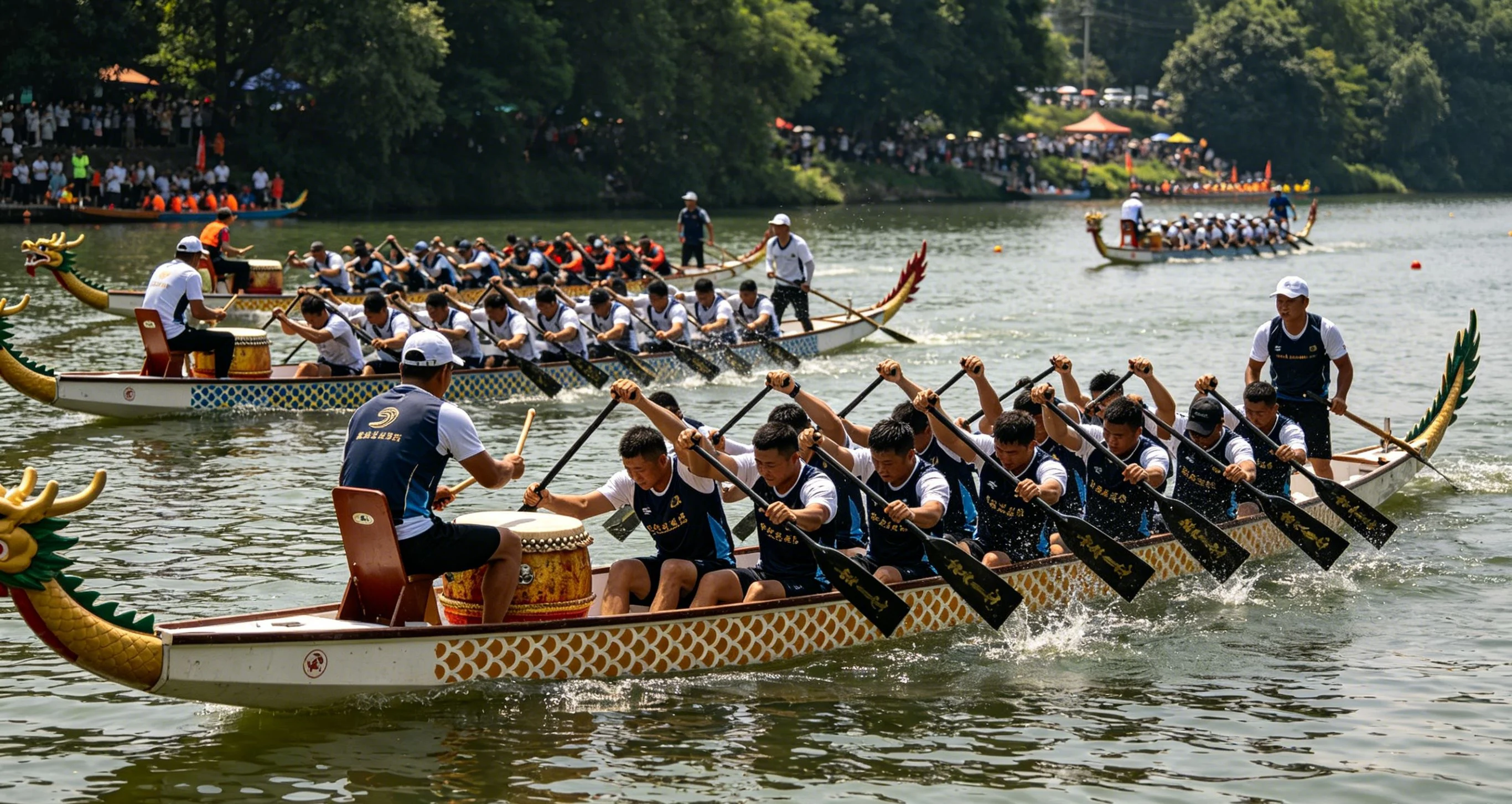 Colorful dragon boat with drummers and paddlers at a festival race in China
