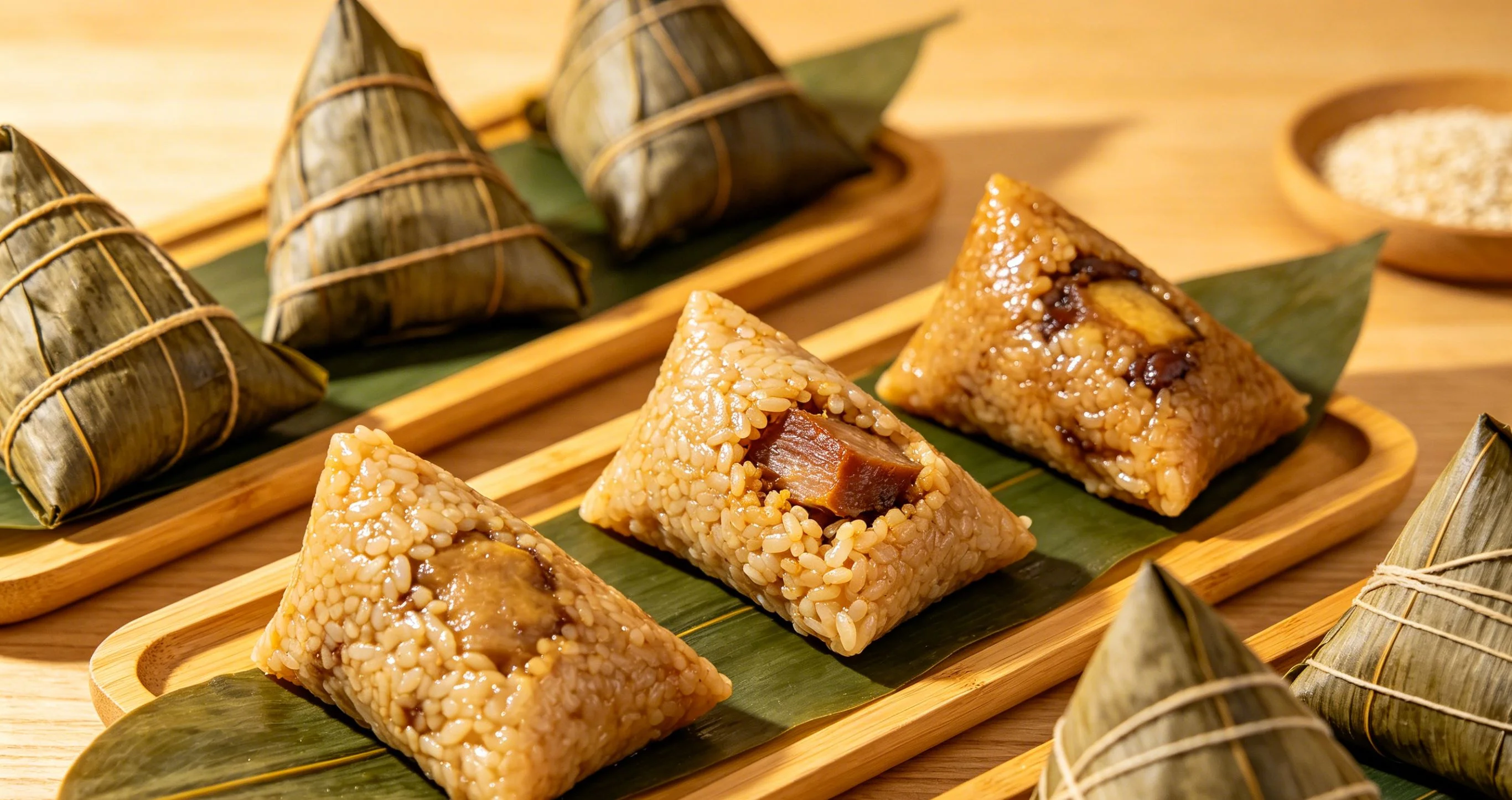 Traditional zongzi wrapped in bamboo leaves for Duanwu Festival celebrations