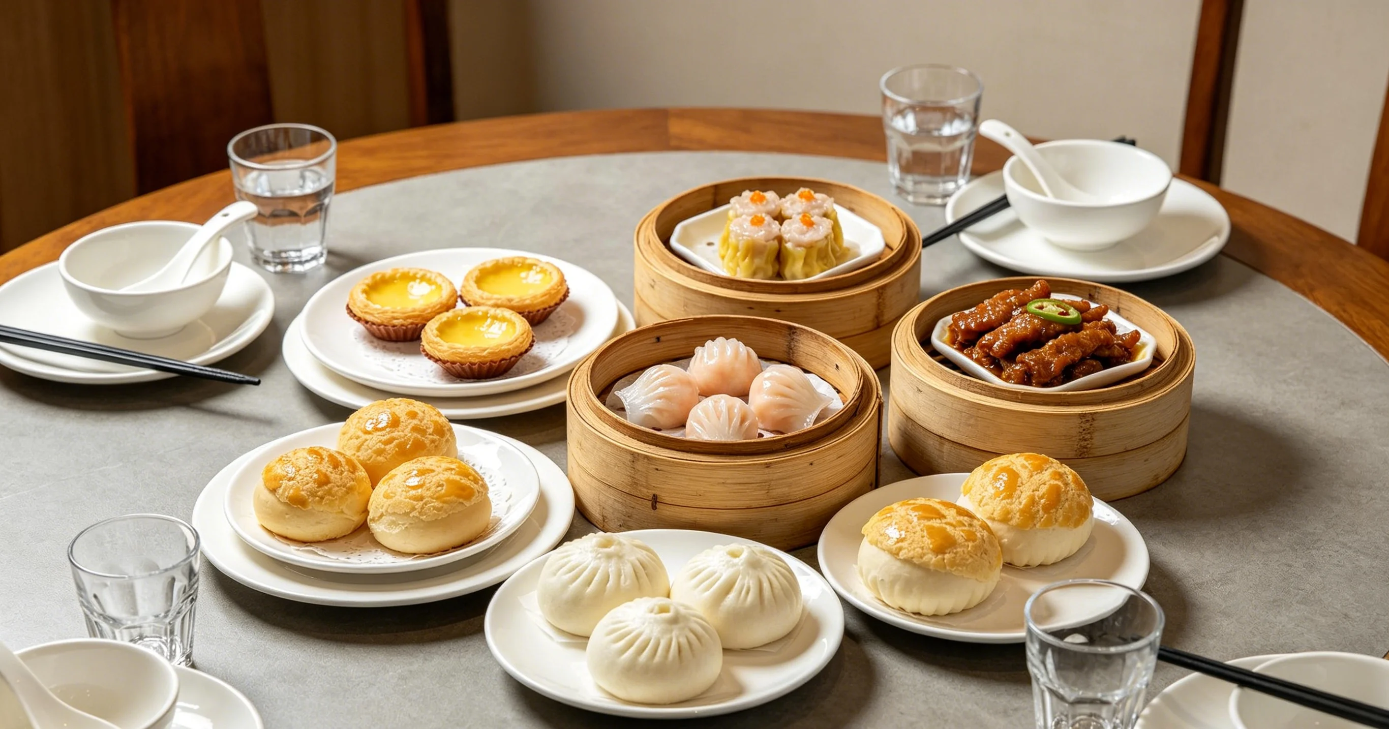 Steaming bamboo baskets of dim sum on a Guangzhou morning tea table