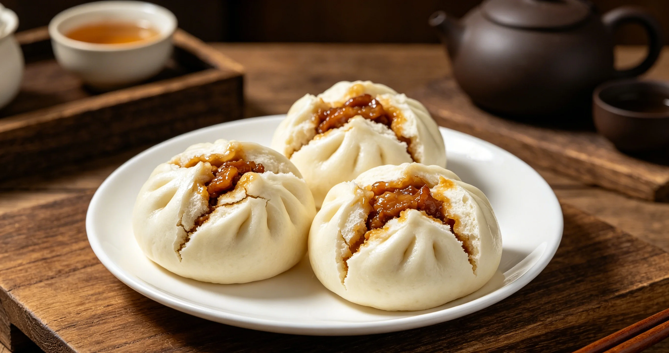 Har gow, siu mai and char siu bao served for Guangzhou yum cha