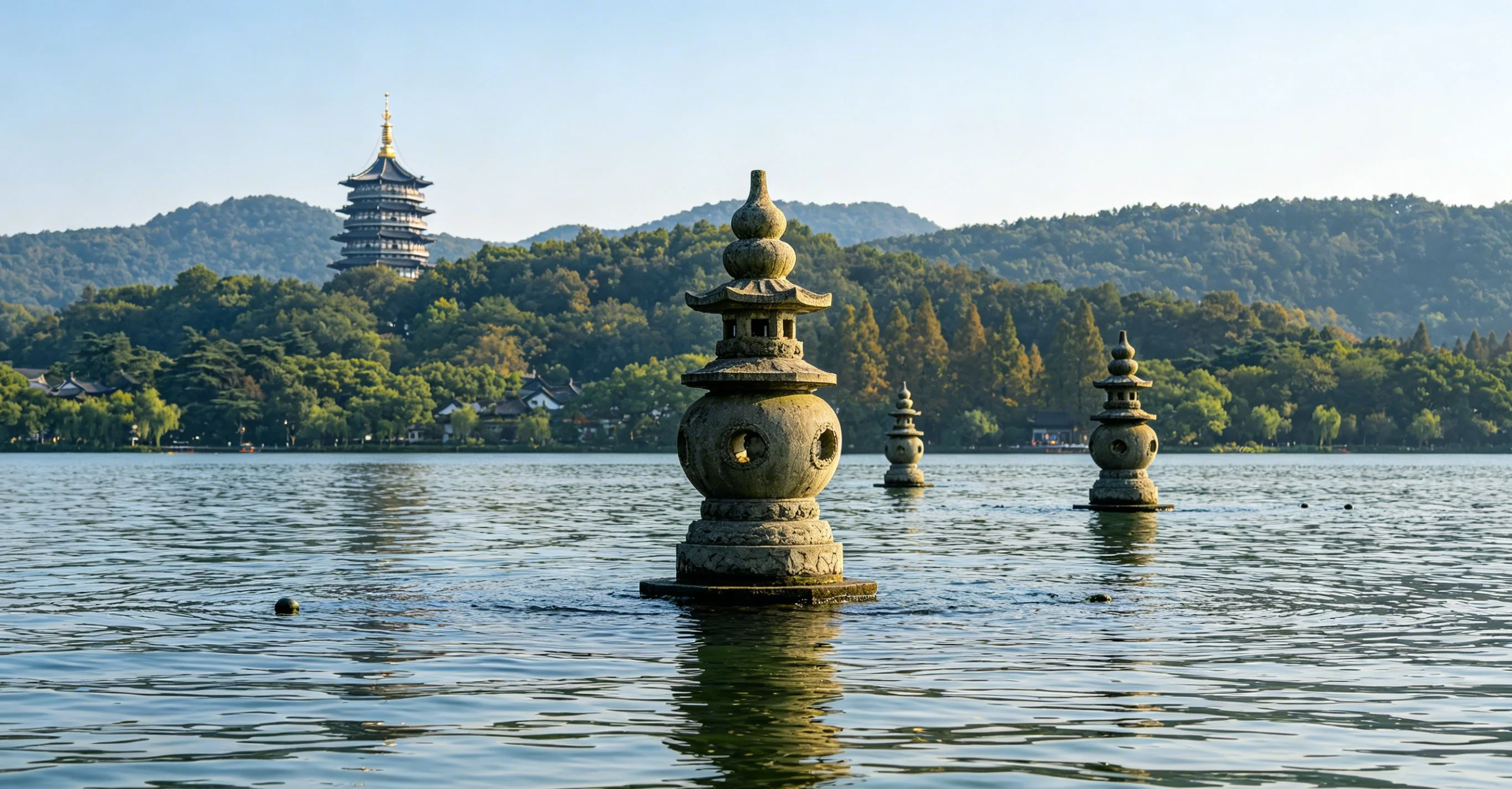 Three Pools Mirroring the Moon stone pagodas on West Lake in Hangzhou