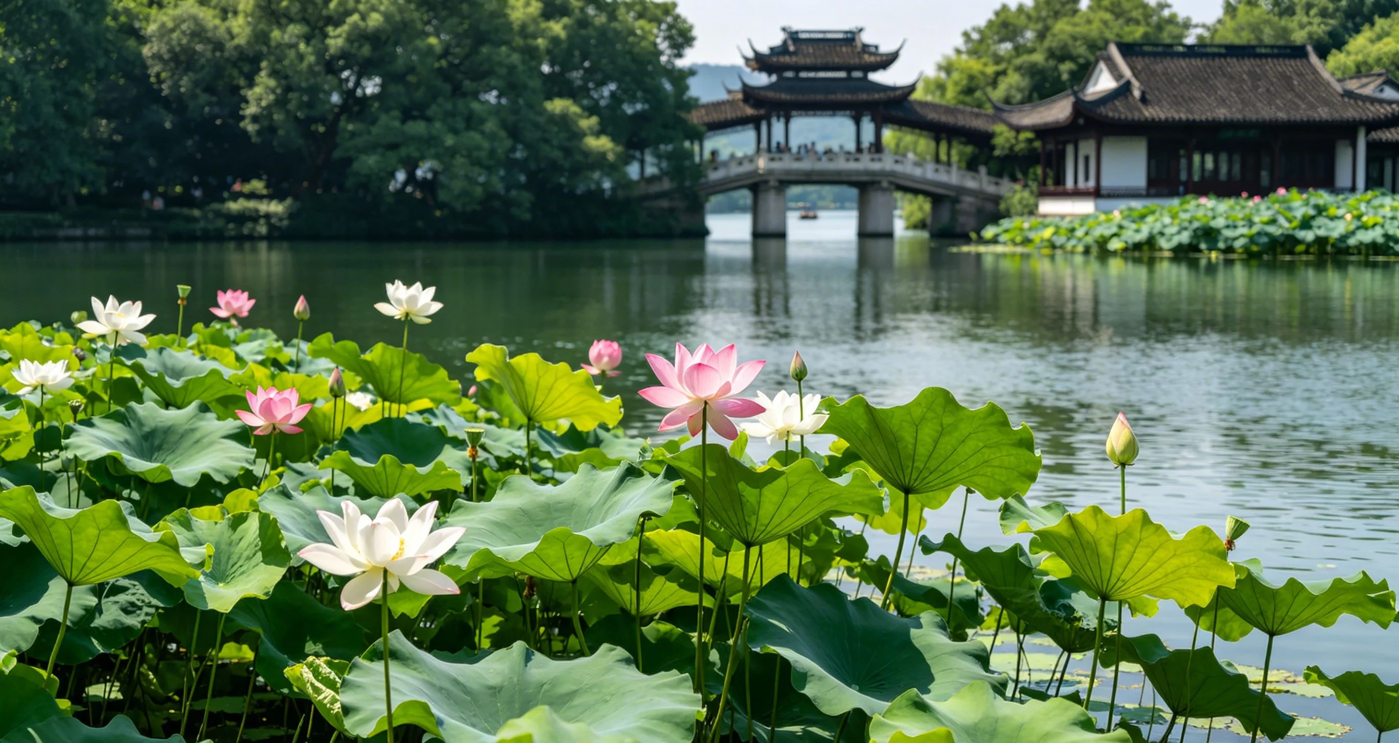 Leifeng Pagoda rising above West Lake with trees and classic Hangzhou scenery