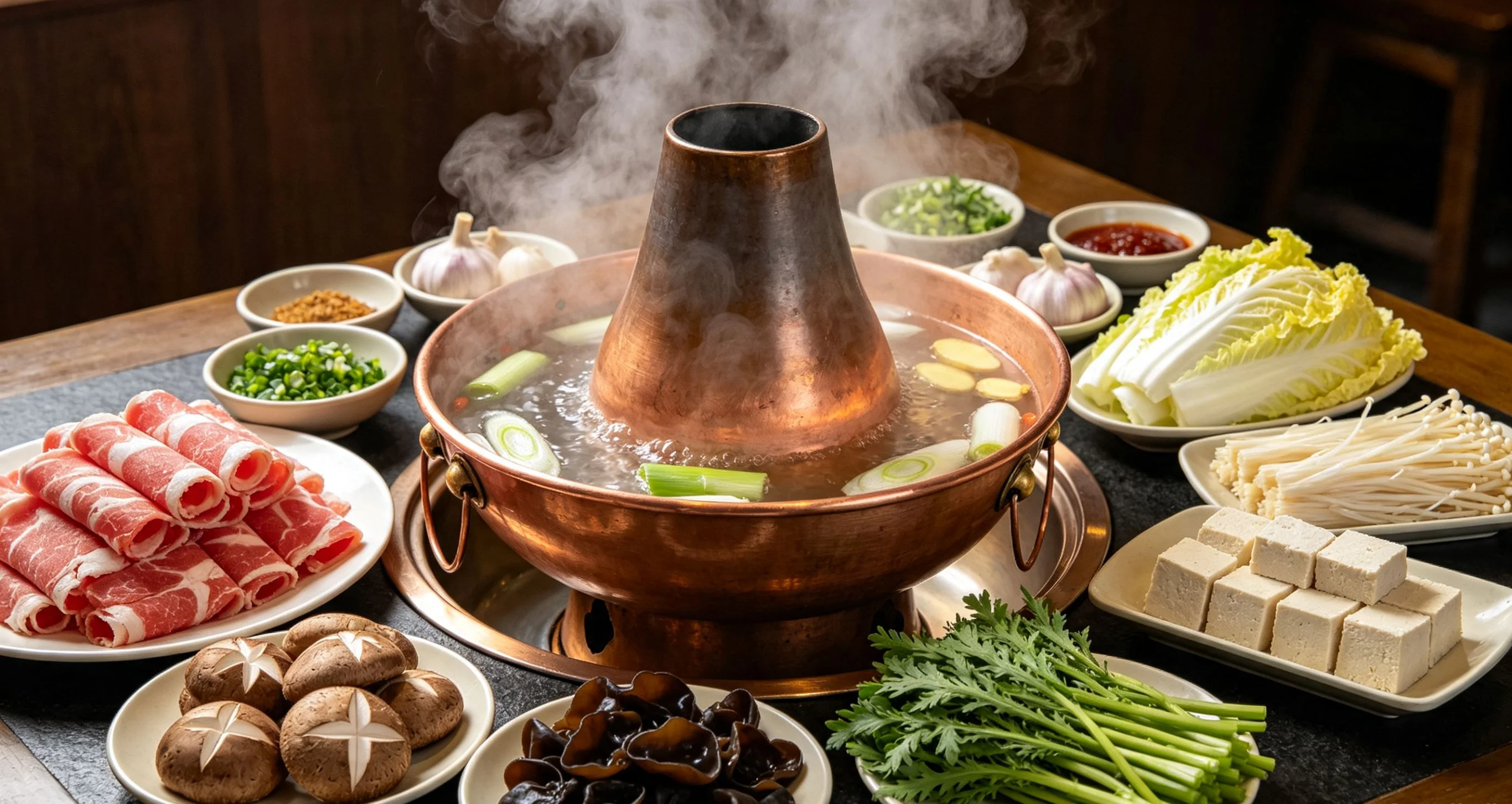 Beijing hot pot with sliced lamb, vegetables, and dipping sauces