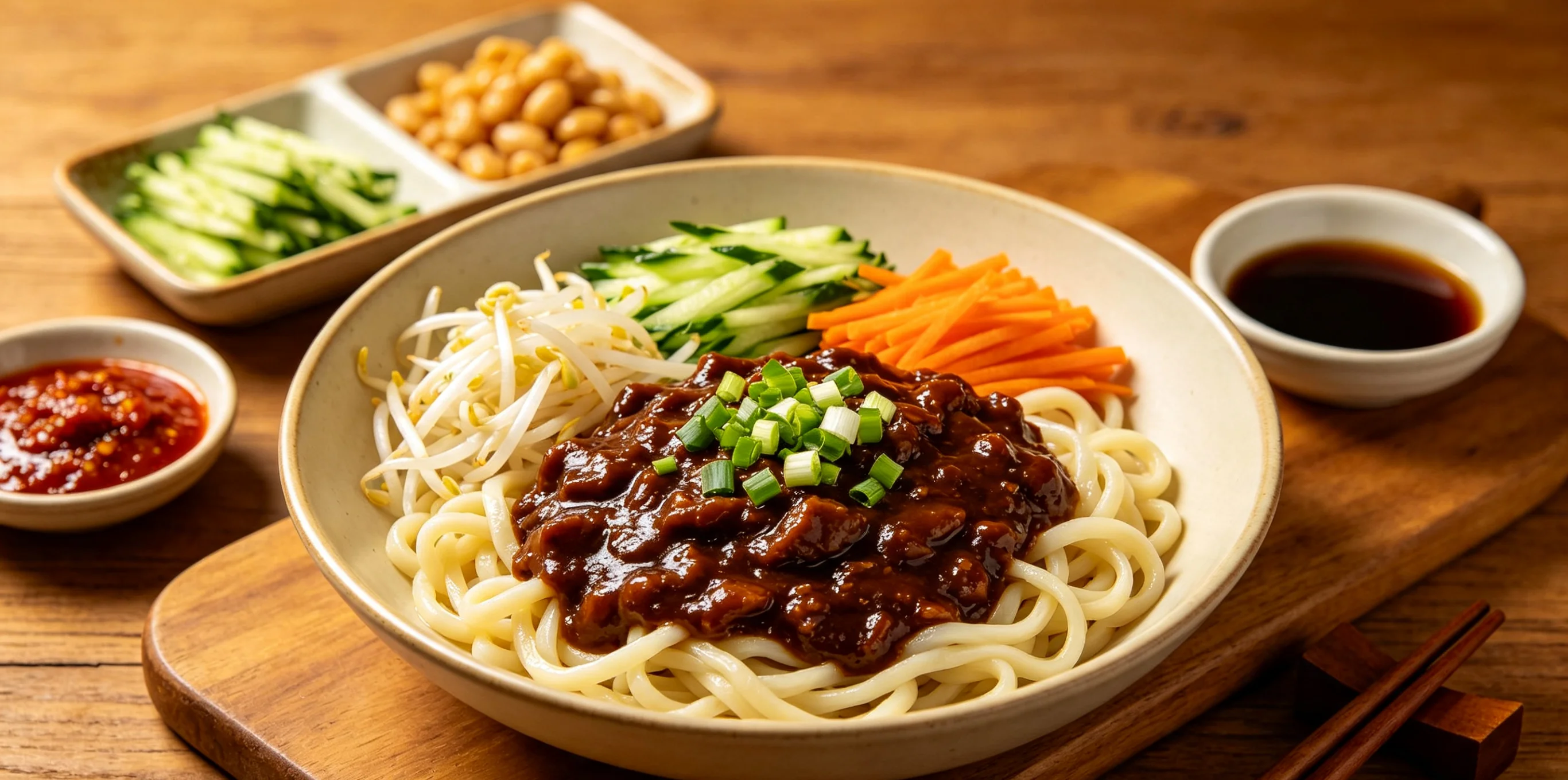 Beijing street food spread with noodles, dumplings, and local snacks