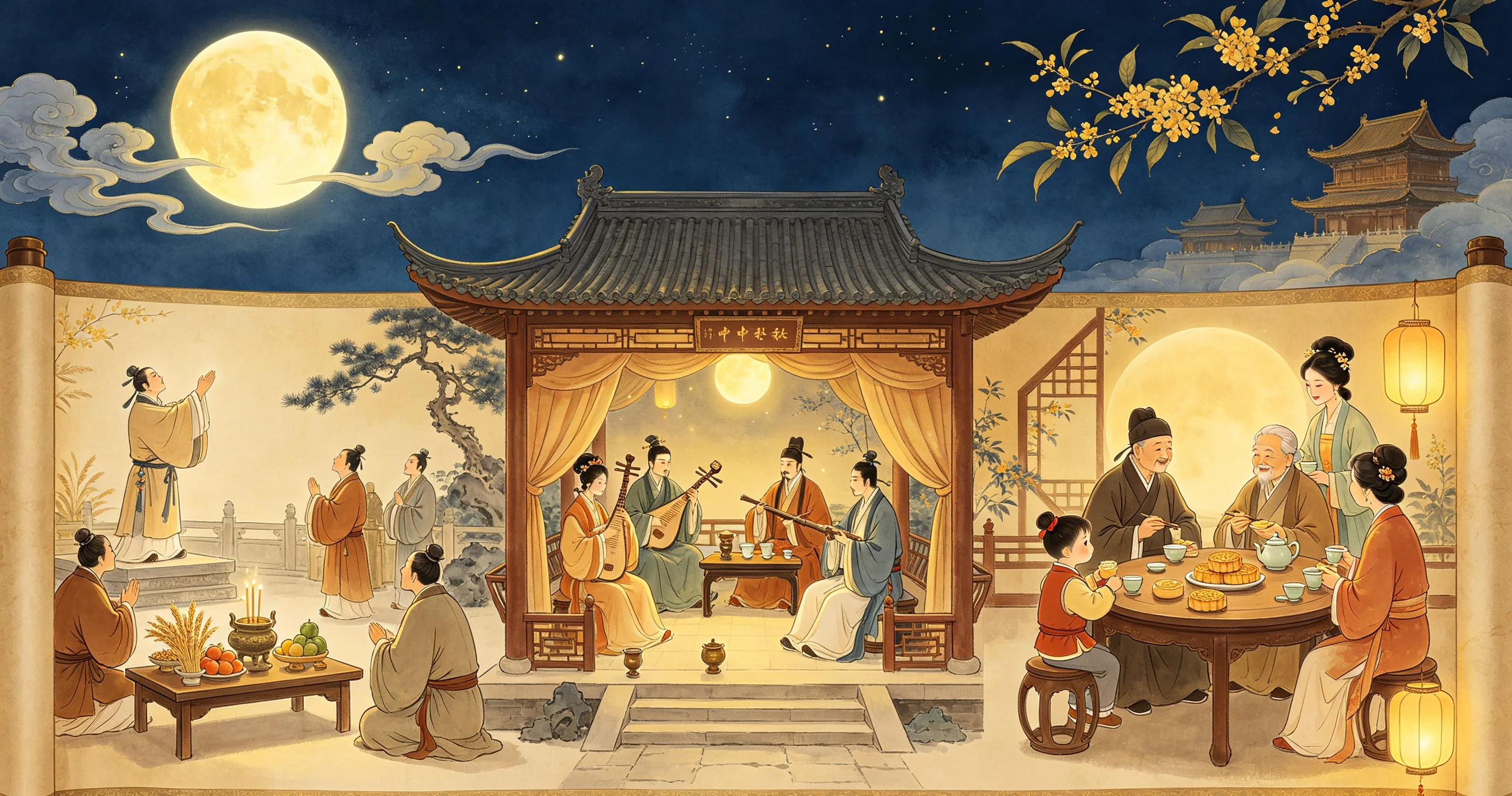 Moonlit Mid-Autumn Festival lanterns and mooncakes in a traditional China street scene