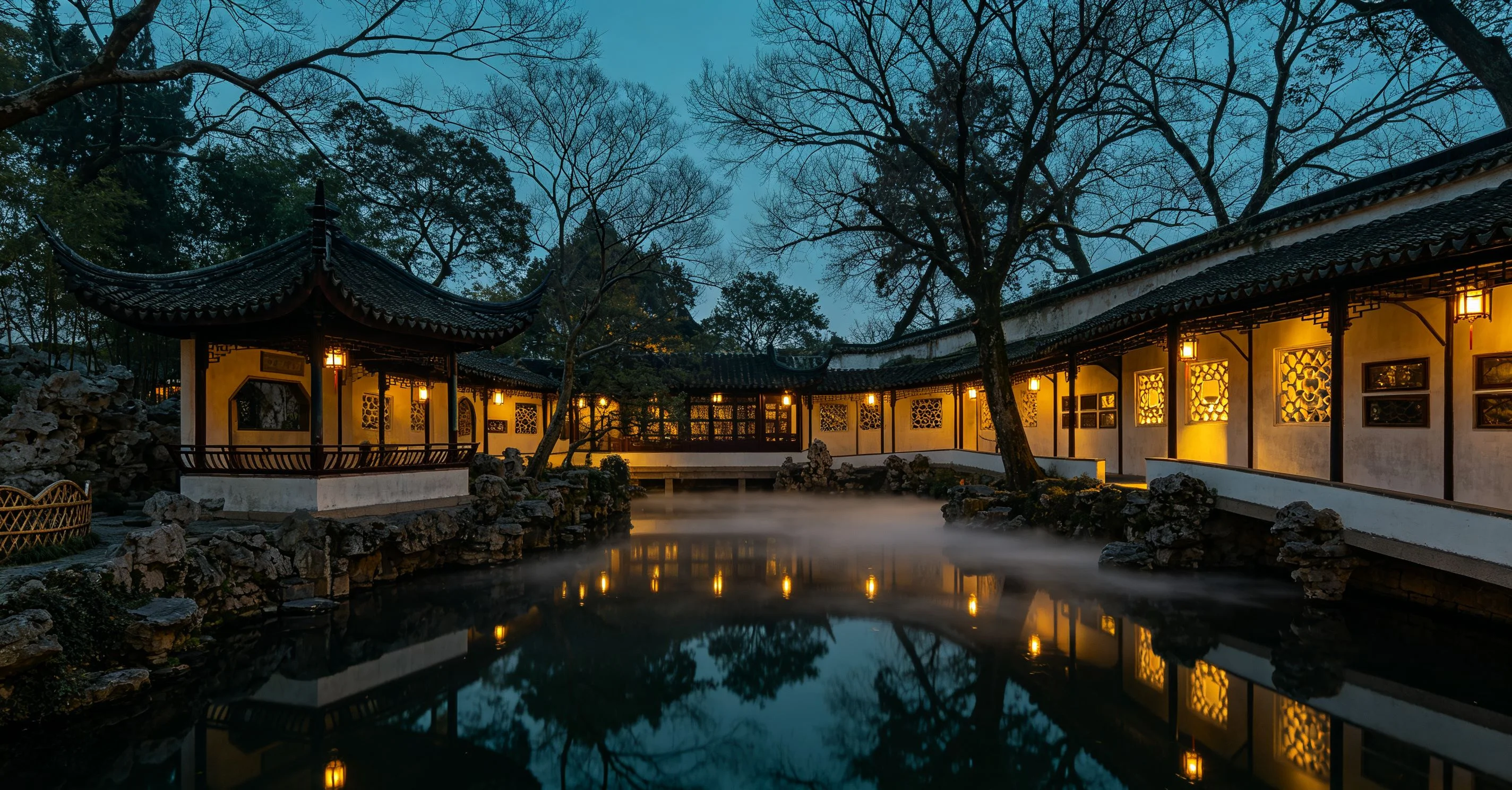 Elegant corridor and pavilion in Suzhou classical garden with lattice windows and greenery