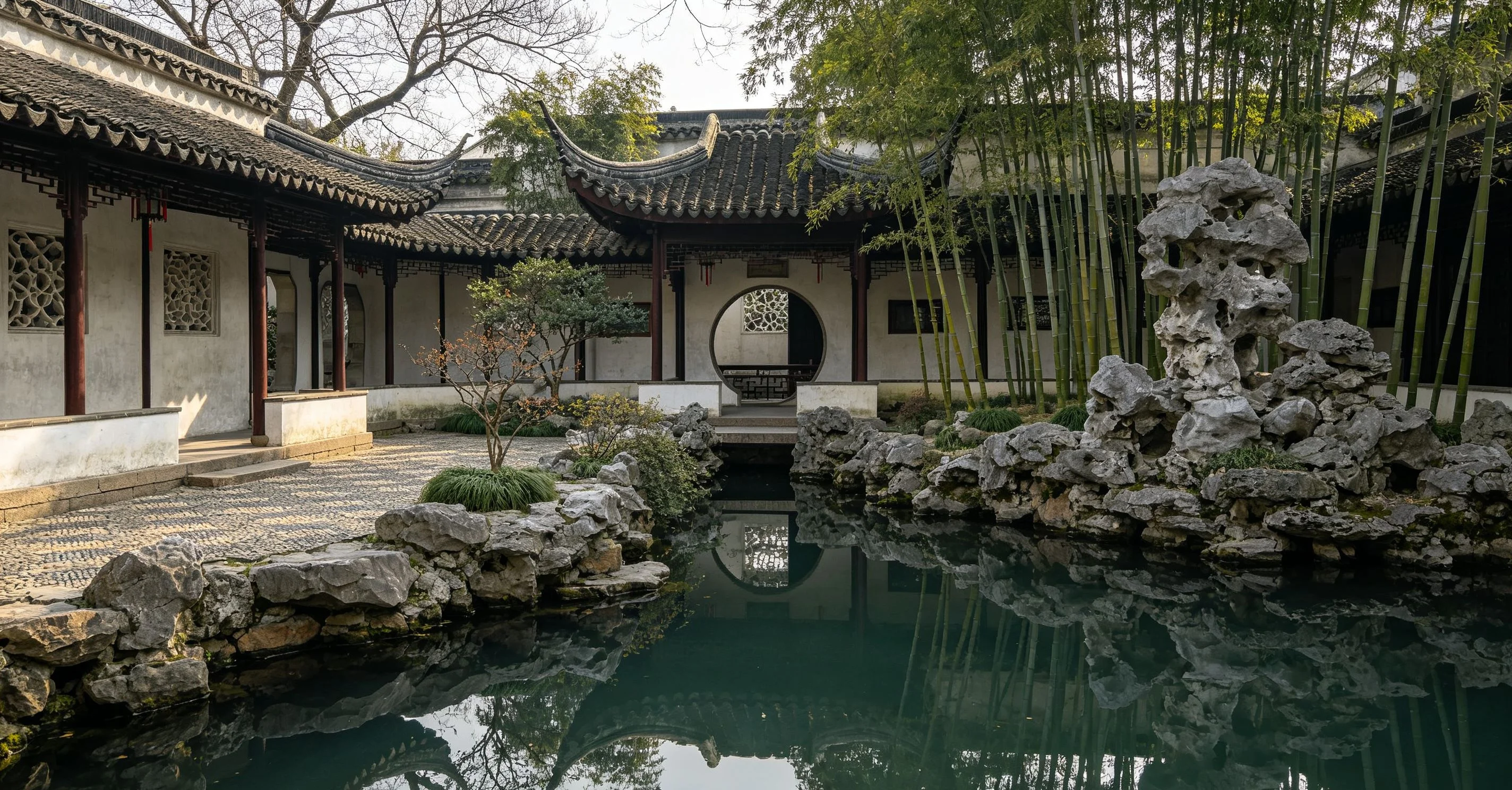 Canal-side entrance or garden hall in Suzhou with traditional Jiangnan architecture