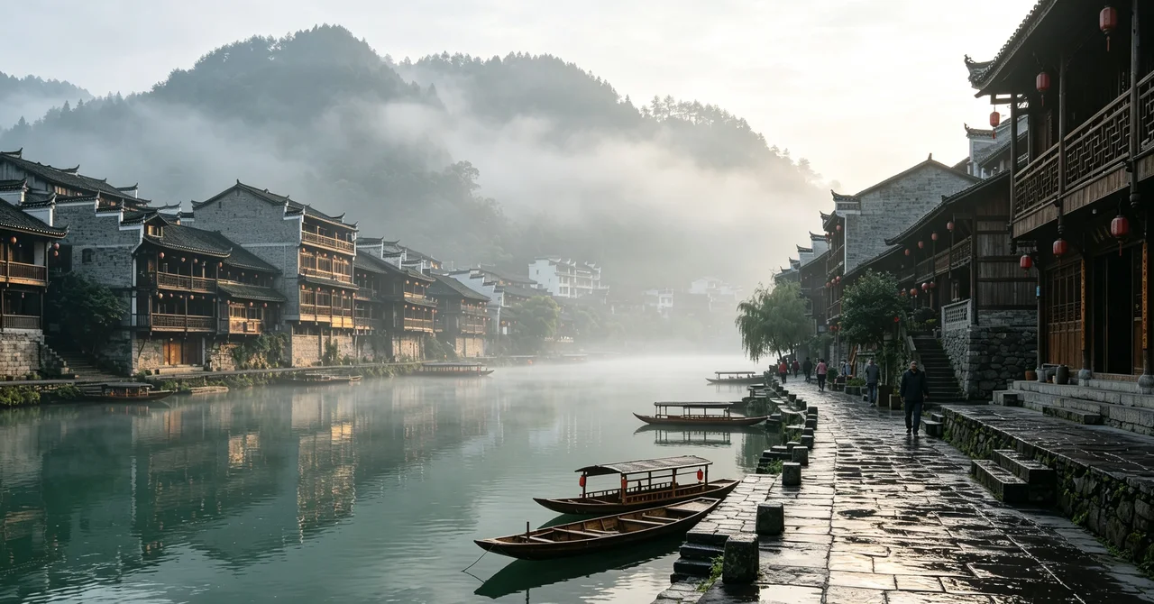Traditional street in an ancient town near Zhangjiajie with wooden buildings and lanterns