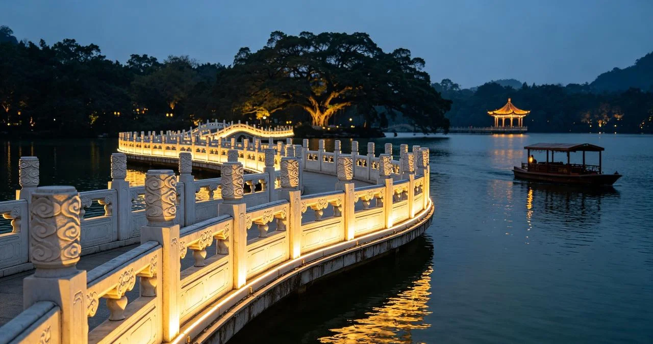 Sun and Moon Twin Pagodas reflected on Shan Lake during the Guilin night cruise