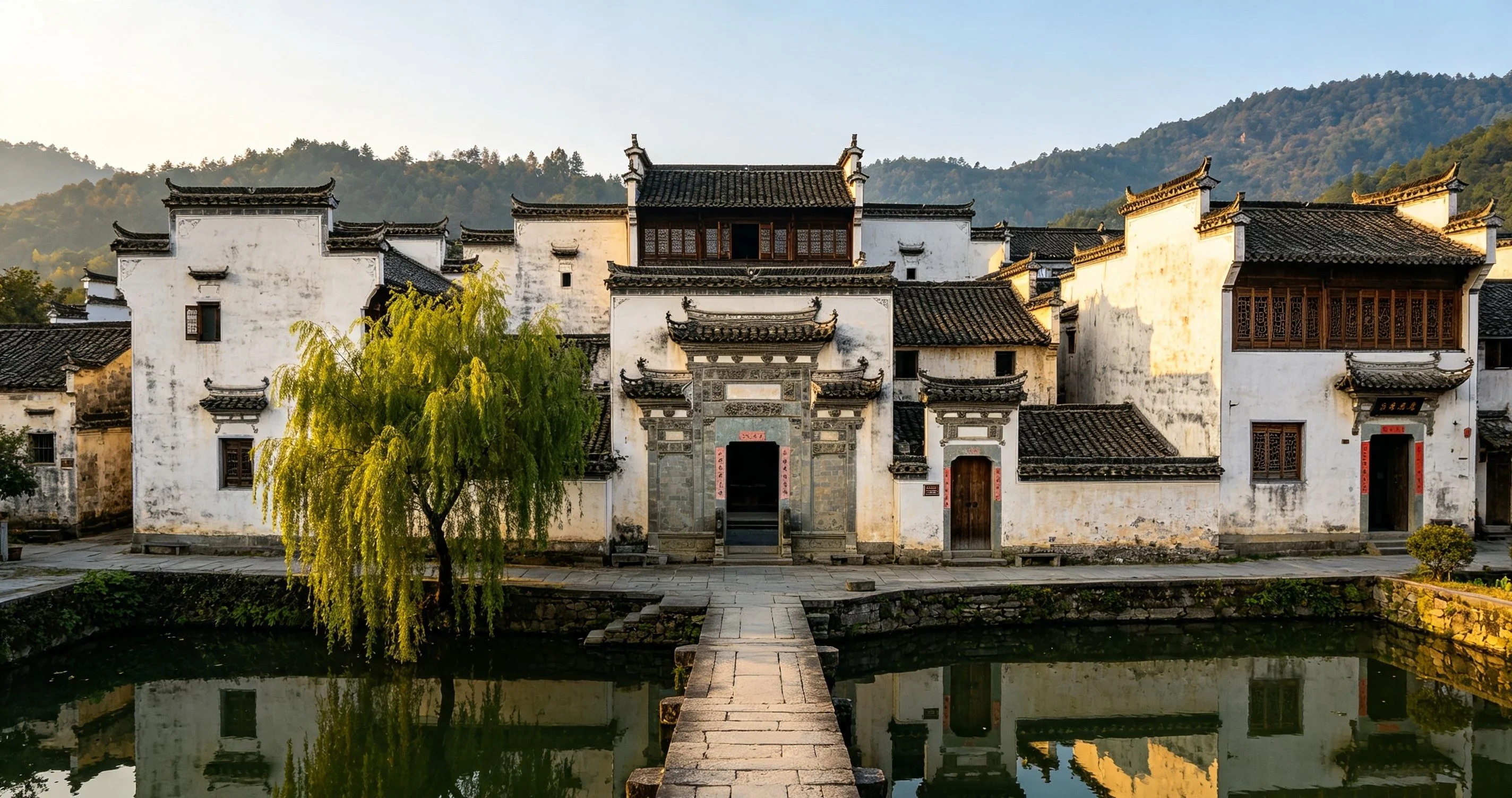 Interior courtyard of a Hakka tulou with circular balconies and wooden communal walkways
