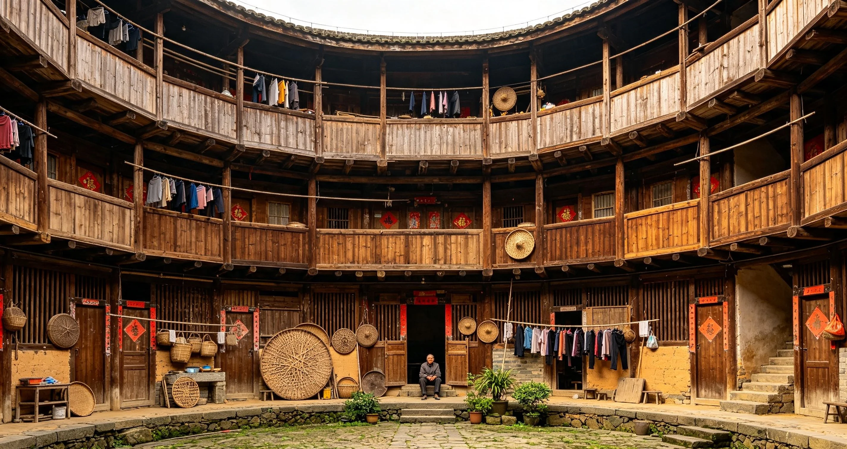 Large Fujian tulou earth building surrounded by green hills and rural countryside