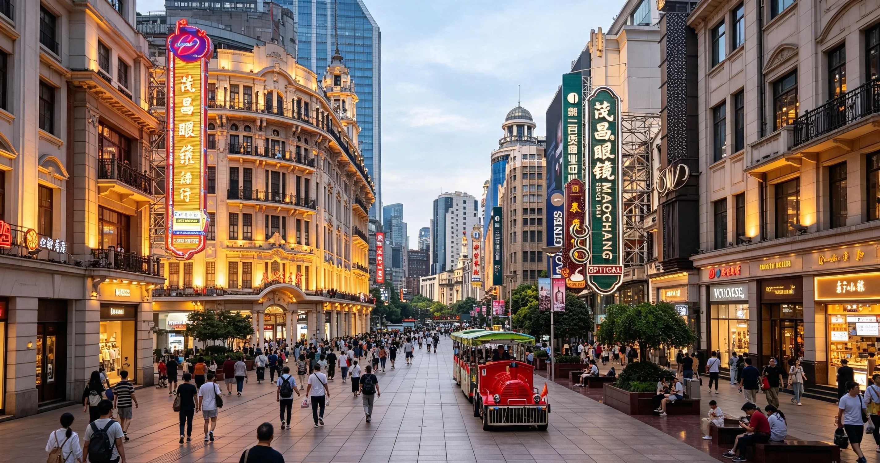 Luxury shopping street in Shanghai with flagship stores and bright storefronts