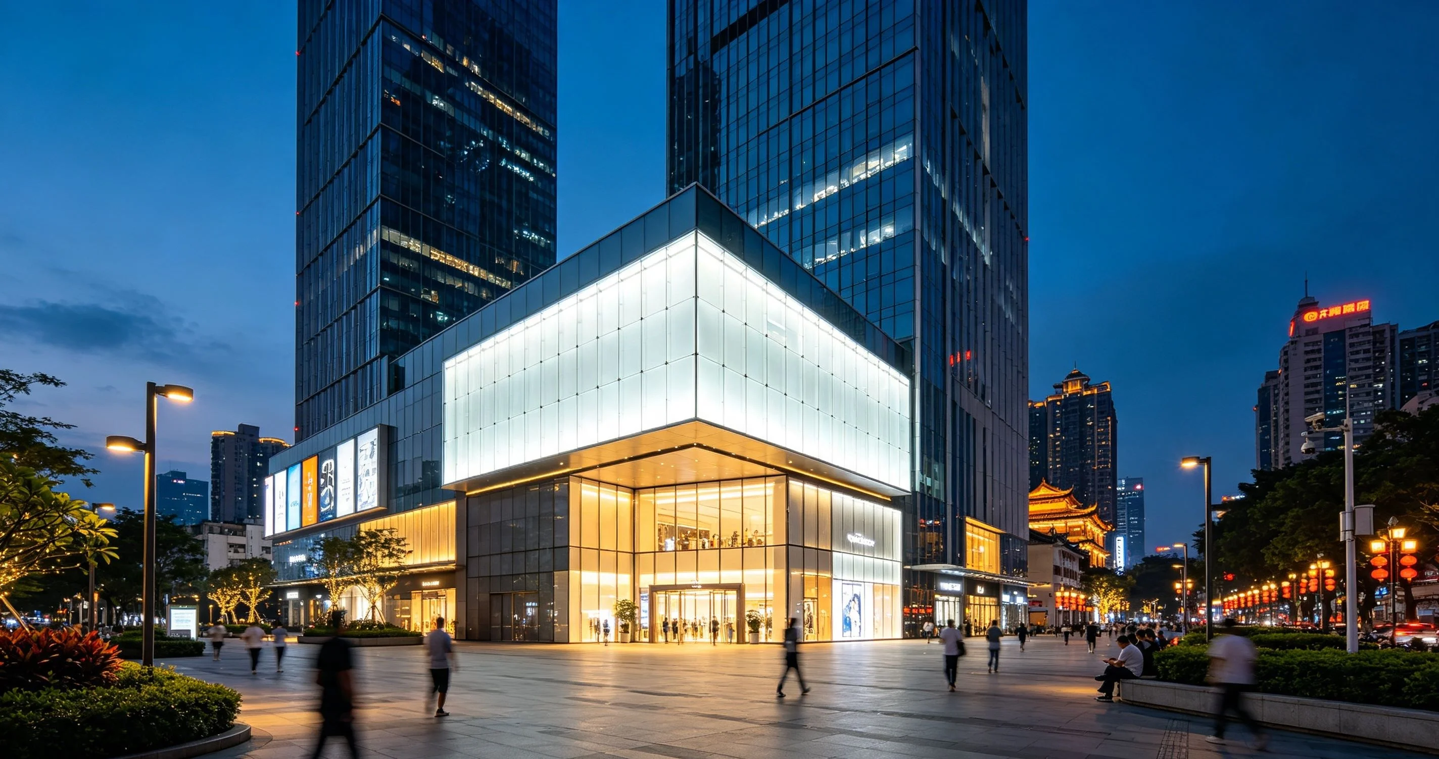 Luxury shopping mall interior in Shanghai with designer boutiques and bright storefronts