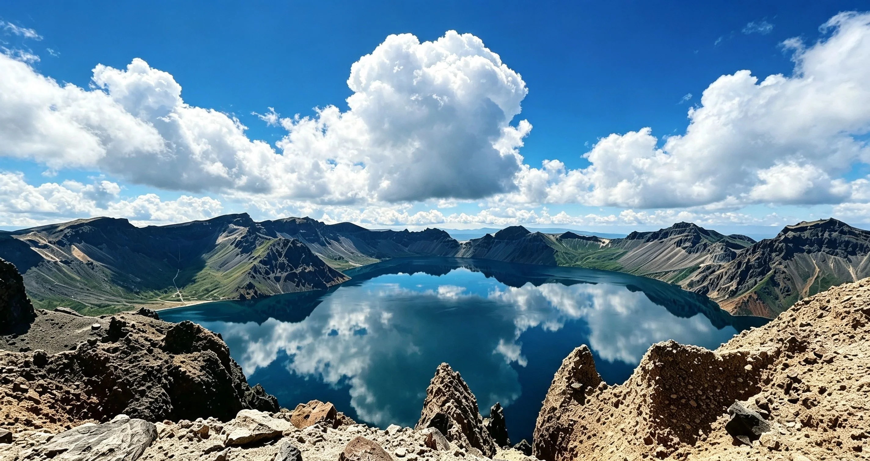 Tianchi Lake crater view from Changbai Mountain summit on a clear day