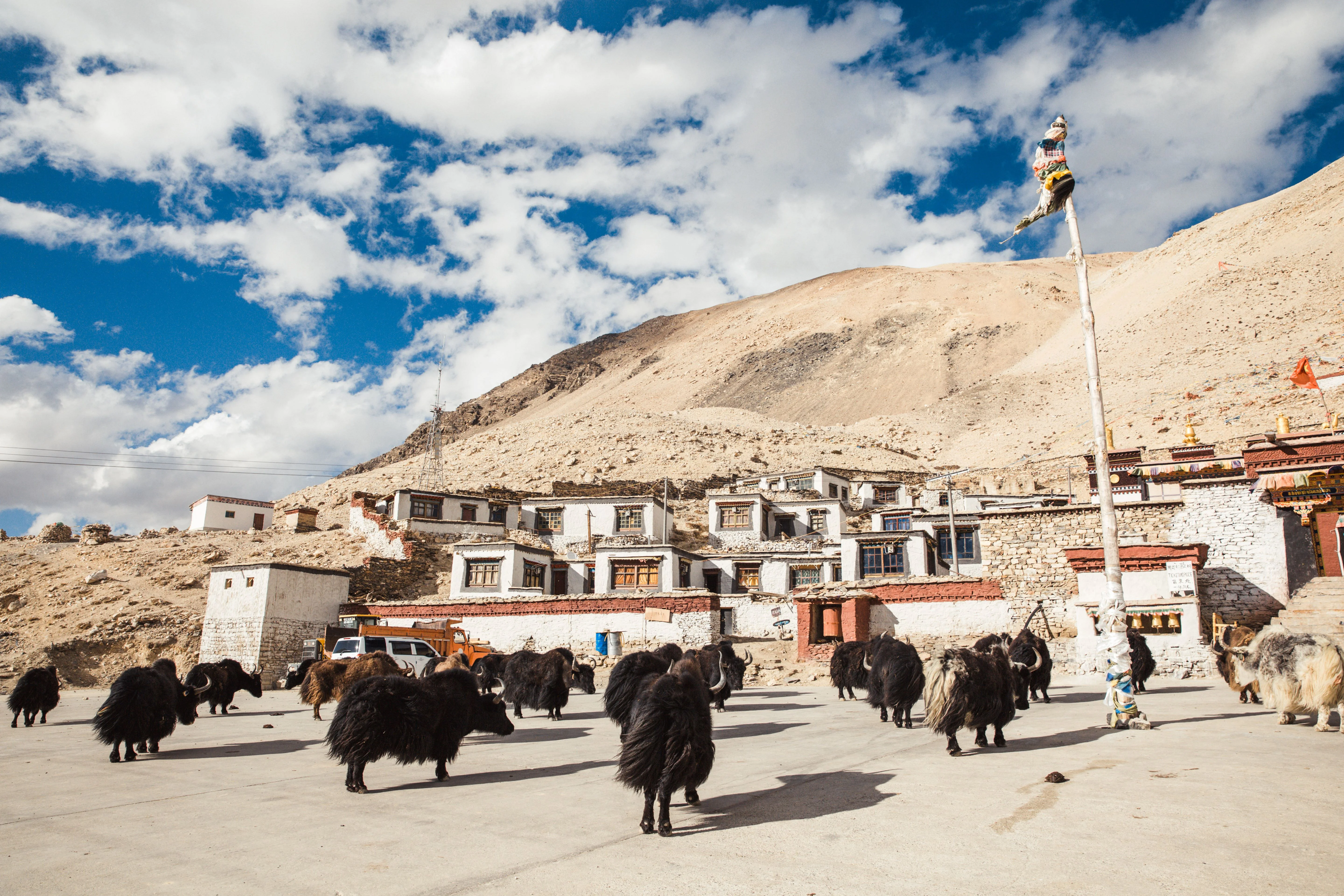 Remote Tibet monastery along a pilgrimage route beneath snow-capped Himalayan mountains