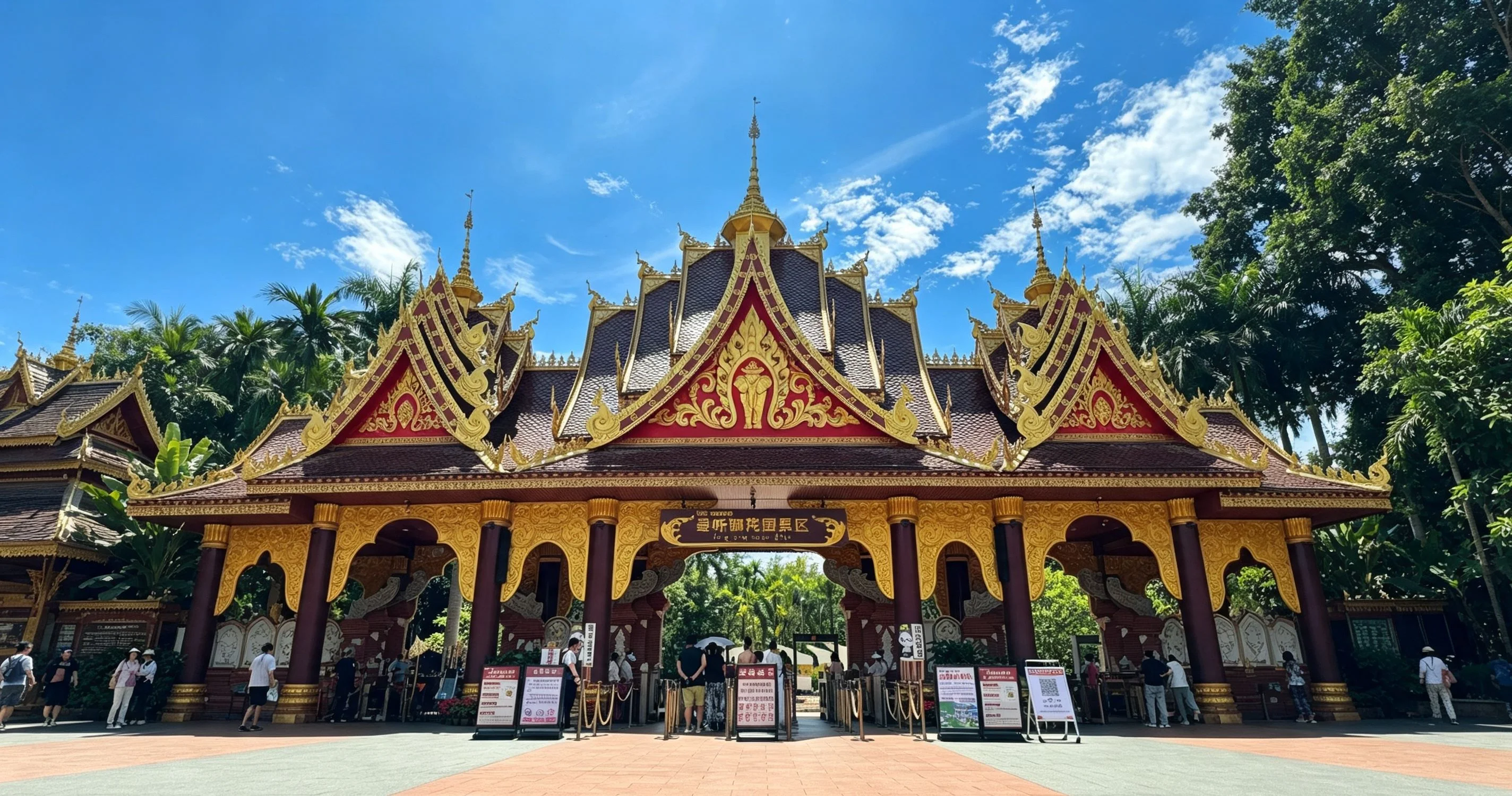Traditional Dai stilt houses in Xishuangbanna village surrounded by palm trees