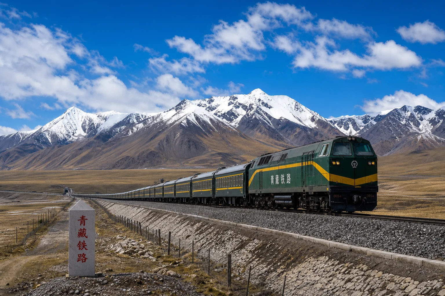 Tibetan mountain landscape with snow-covered peaks and a high-altitude road